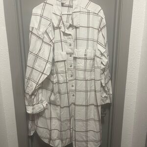 White and Brown Plaid Button-Up Shirt